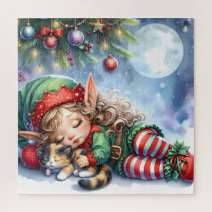 Puzzle L'elfe de Noël endormi avec un chaton calicot