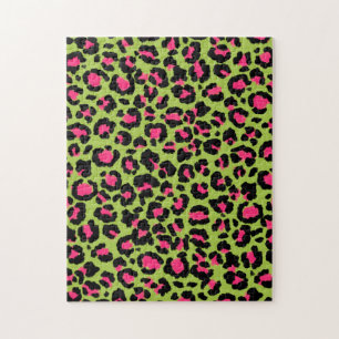 Puzzle Leopard Pattern in Raspberry on Lime Green