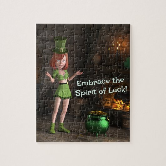 Puzzle Leprechaun Toon Girl à côté du pot d'or (Vertical)