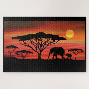 Puzzle Les éléphants dans le coucher du soleil du Serenge
