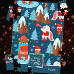 Puzzle Let it Snow Cute Animal Pattern with Name Blue<br><div class="desc">Add a cute seasonal touch to your holiday game collection with this adorable custom blue and white jigsaw puzzle. Puzzle has a pattern of a festive brown bear ice skating, an owl wearing a Santa hat and glasses, a bird on a snowy mountain, a bunny playing a trumpet, and Christmas...</div>