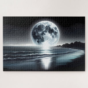 Puzzle Lever de Lune Surréaliste sur le Rivage Océanique
