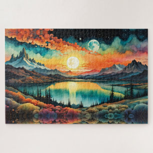 Puzzle Lever de soleil sur le lac Mountain lorsque la lun