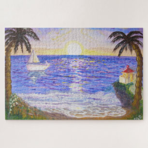 Puzzle Lever de soleil sur l'océan, paysage côtier, yacht