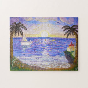 Puzzle Lever de soleil sur l'océan, paysage côtier, yacht