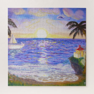 Puzzle Lever de soleil sur l'océan, paysage côtier, yacht