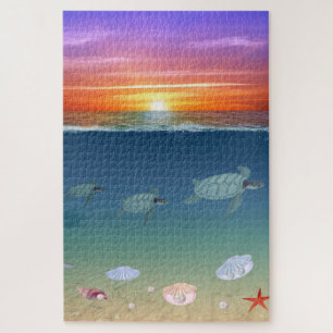 Puzzle Lever de soleil sur l'océan, tortues, étoiles, coq