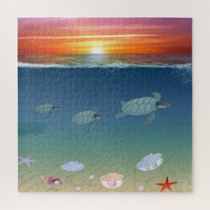 Puzzle Lever de soleil sur l'océan, tortues marines, étoi