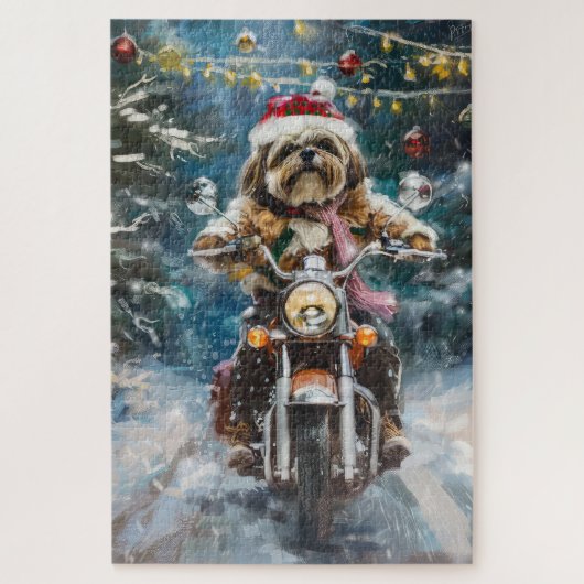 Puzzle Lhasa Apso Chien à moto Noël (Vertical)