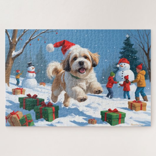 Puzzle Lhasa Apso coule en neige avec le Casquette de Noë (Horizontal)