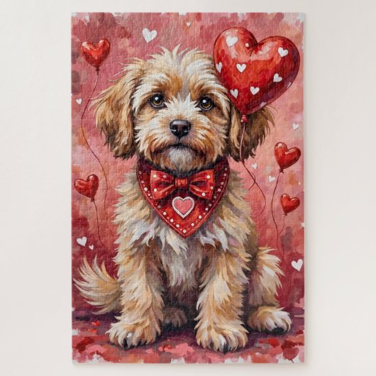 Puzzle Lhasa Apso Saint-Valentin Chien Assis avec des Cœu (Vertical)