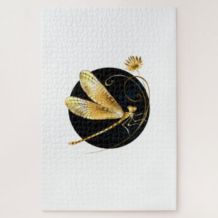 Puzzle libellule d'or en cercle noir