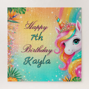 Puzzle Licorne Arc-en-Ciel Tropical Fleurs Anniversaire F