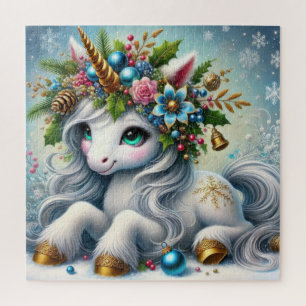 Puzzle licorne blanche de Noël avec corne d'or