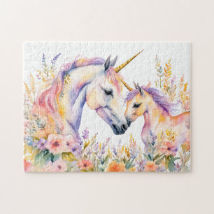 Puzzle Licorne et bébé tendre aquarelle boho dans les fle