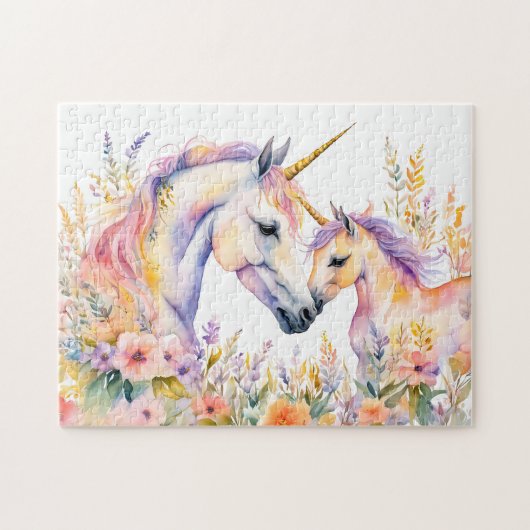 Puzzle Licorne et bébé tendre aquarelle boho dans les fle (Horizontal)