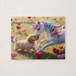 Puzzle Licorne Magique et Champ d'Amour de Chien et Chiot