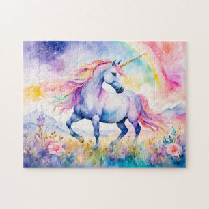 Puzzle Licorne marchant sous un arc-en-ciel scintillant
