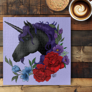 Puzzle Licorne noire fleurs de jardin de minuit violet