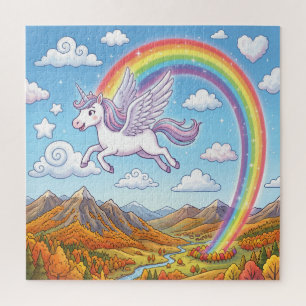 Puzzle Licorne volante de dessin animé avec arc-en-ciel