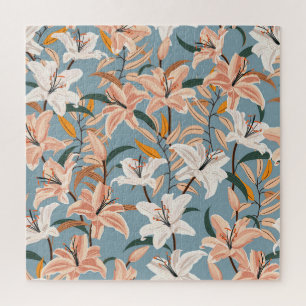 Puzzle Lily Floral Blue Vintage Print
