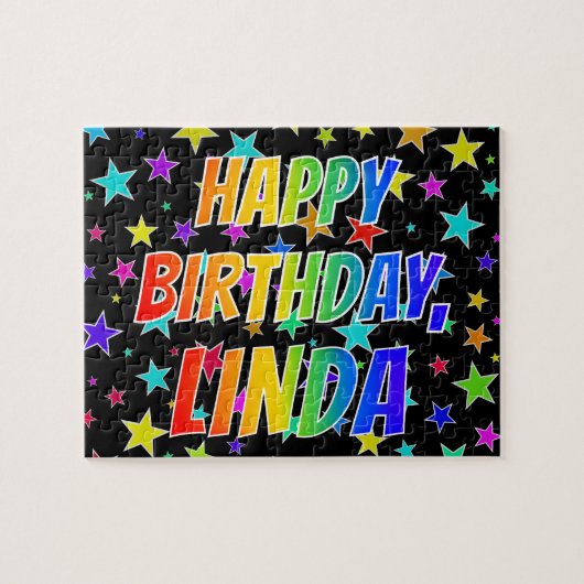 Puzzle "LINDA" Prénom, Amusant "HEUREUX ANNIVERSAIRE" (Horizontal)