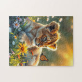 Puzzle Lion Cub au lever du soleil avec un papillon (Horizontal)