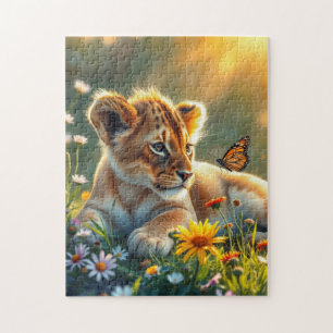 Puzzle Lion Cub au lever du soleil avec un papillon