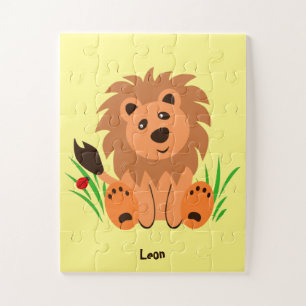 Puzzle Lion mignon dans l'herbe avec des enfants coccinel