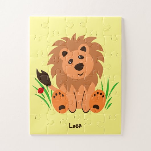 Puzzle Lion mignon dans l'herbe avec des enfants coccinel (Vertical)