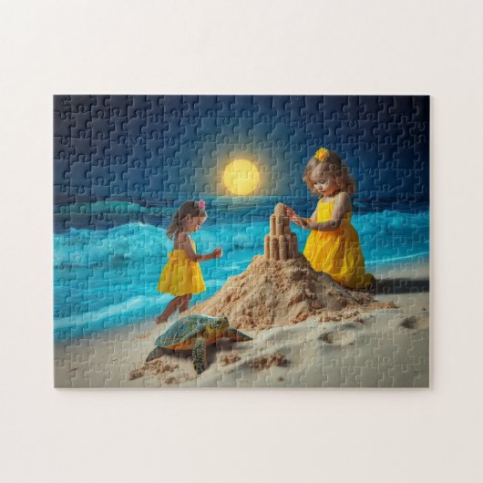 Puzzle Little girls and a sea turtle building sandcastles (Horizontal)