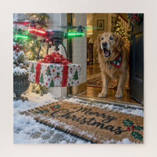 Puzzle Livraison de Noël par drone avec chien surpris