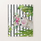 Puzzle Llama Aquarelle Cute | Cactus et rayures florales (Vertical)