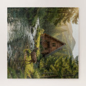 Puzzle Log Cabin, Stream, Mountains and Deer Nature Art (Horizontal)