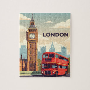 Puzzle Londres vintage avec Big Ben et bus rouge