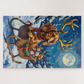 Puzzle Long-Haired Dachshund Reindeer Sleigh (Horizontal)