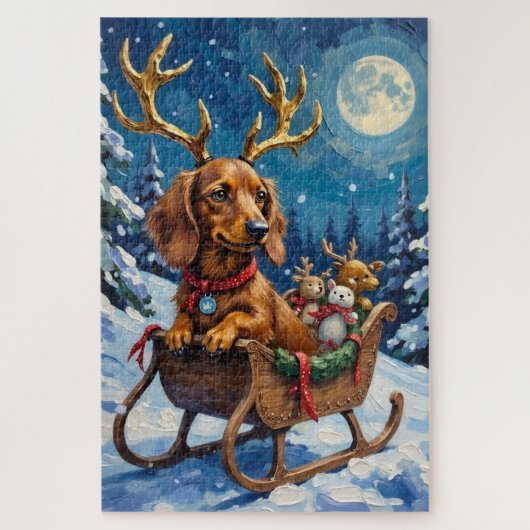 Puzzle Long-Haired Dachshund Reindeer Sleigh (Vertical)