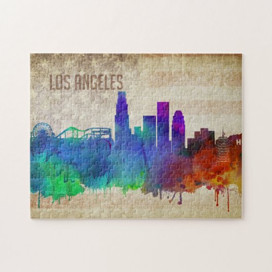 Puzzle Los Angeles, horizon de ville d'aquarelle de CA | (Horizontal)