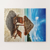 Puzzle Lounge on beach throw pillow (Horizontal)