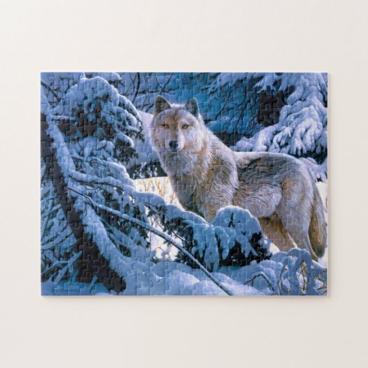 Puzzle Loup dans la peinture de la forêt d'hiver (Horizontal)