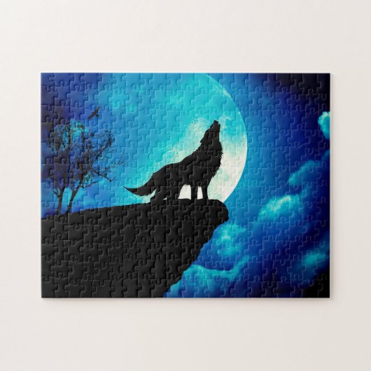 Puzzle Loup en silhouette hurlant à la pleine lune (Horizontal)