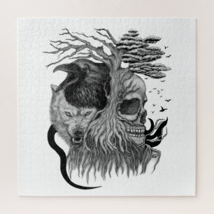 Puzzle Loup et corbeau avec crâne