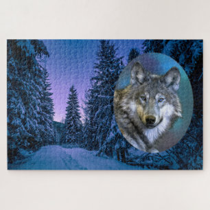 Puzzle Loup et forêt d'hiver enneigée sous l'étoile
