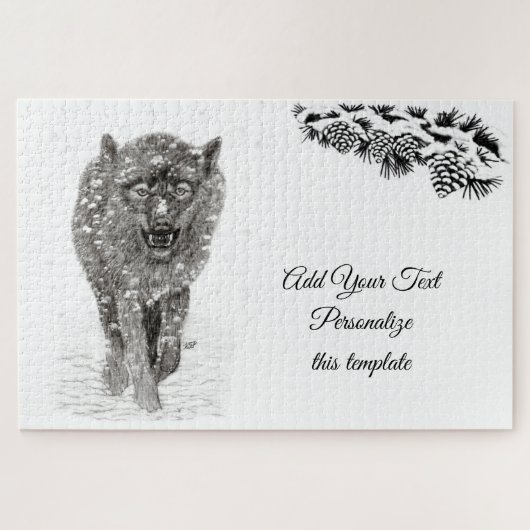 Puzzle Loup noir en colère dans la neige, hiver sauvage (Horizontal)