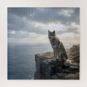 Puzzle Loup solitaire assis sur une falaise rocheuse de l