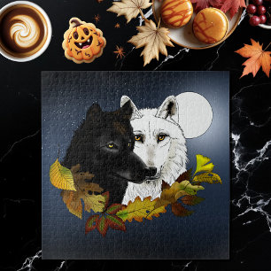 Puzzle Loups Blancs Noirs Clair de Lune Feuilles d'Automn