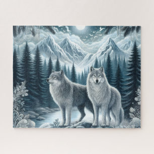 Puzzle Loups de montagne enneigée d'hiver