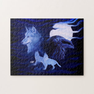 Puzzle Loups et corbeau avec pleine lune