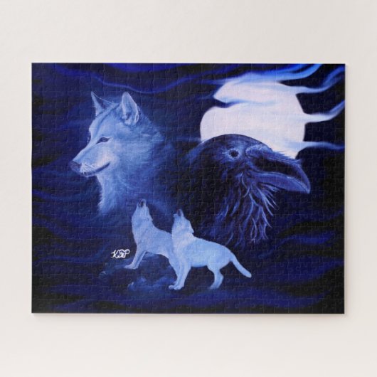 Puzzle Loups et corbeau avec pleine lune (Horizontal)