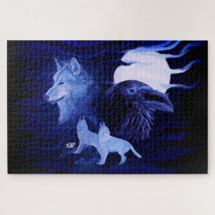 Puzzle Loups et corbeau avec pleine lune